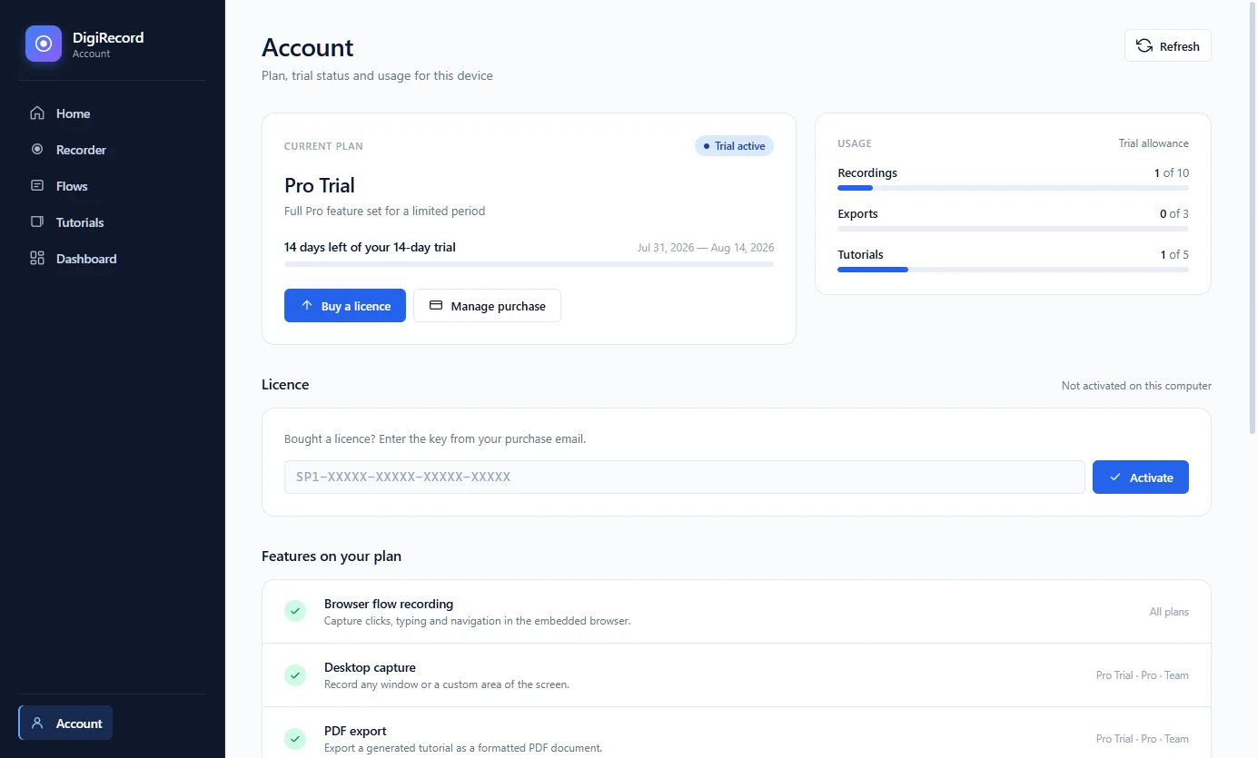 The account screen showing plan, trial status, usage counters and the licence key field