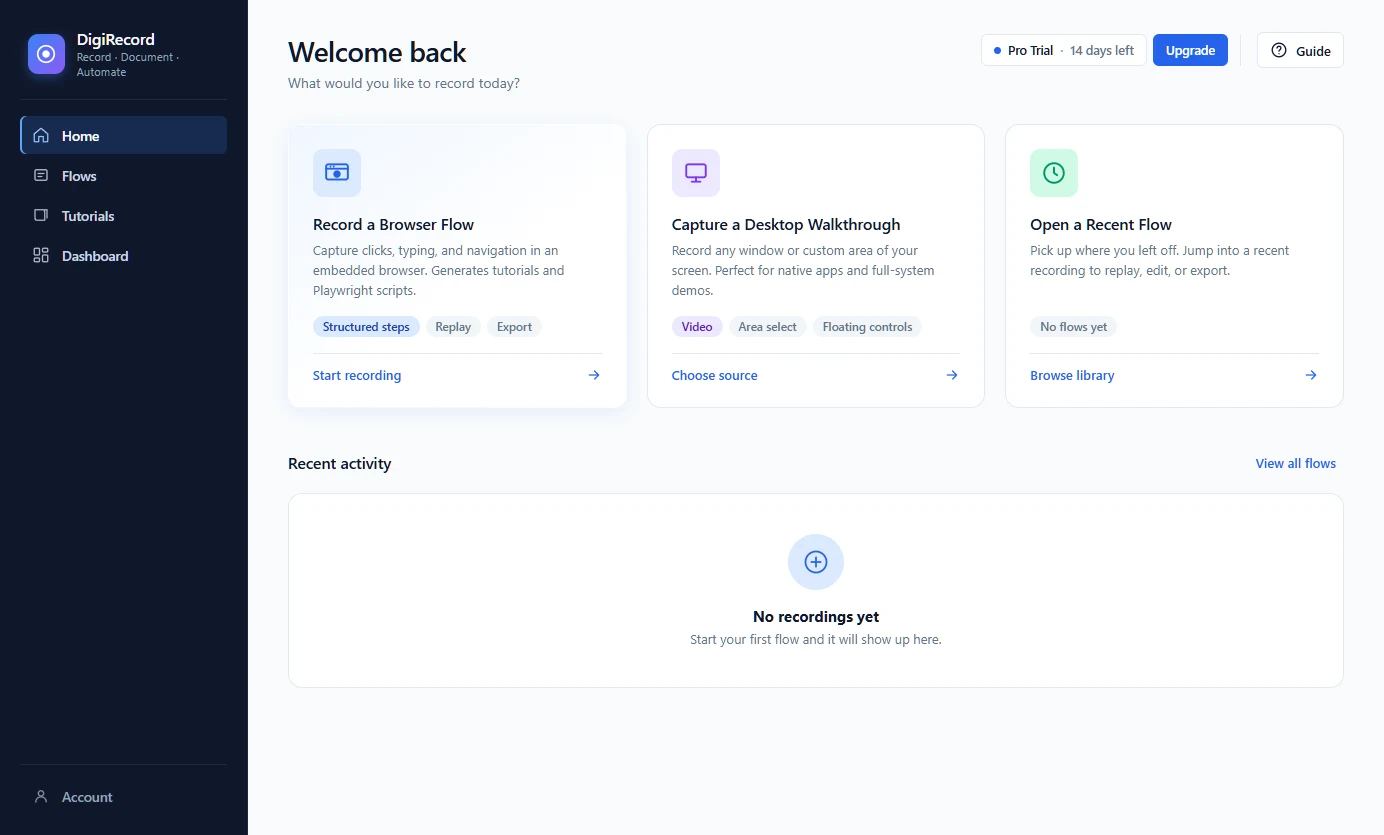 The DigiRecord home screen offering browser recording, desktop capture and recent flows