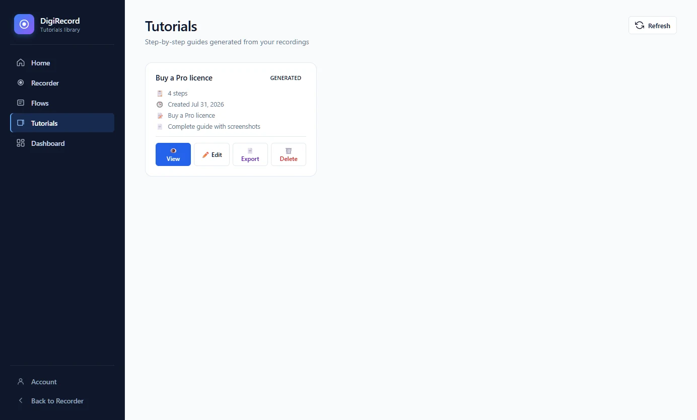 The tutorials library listing a generated guide with view, edit, export and delete actions